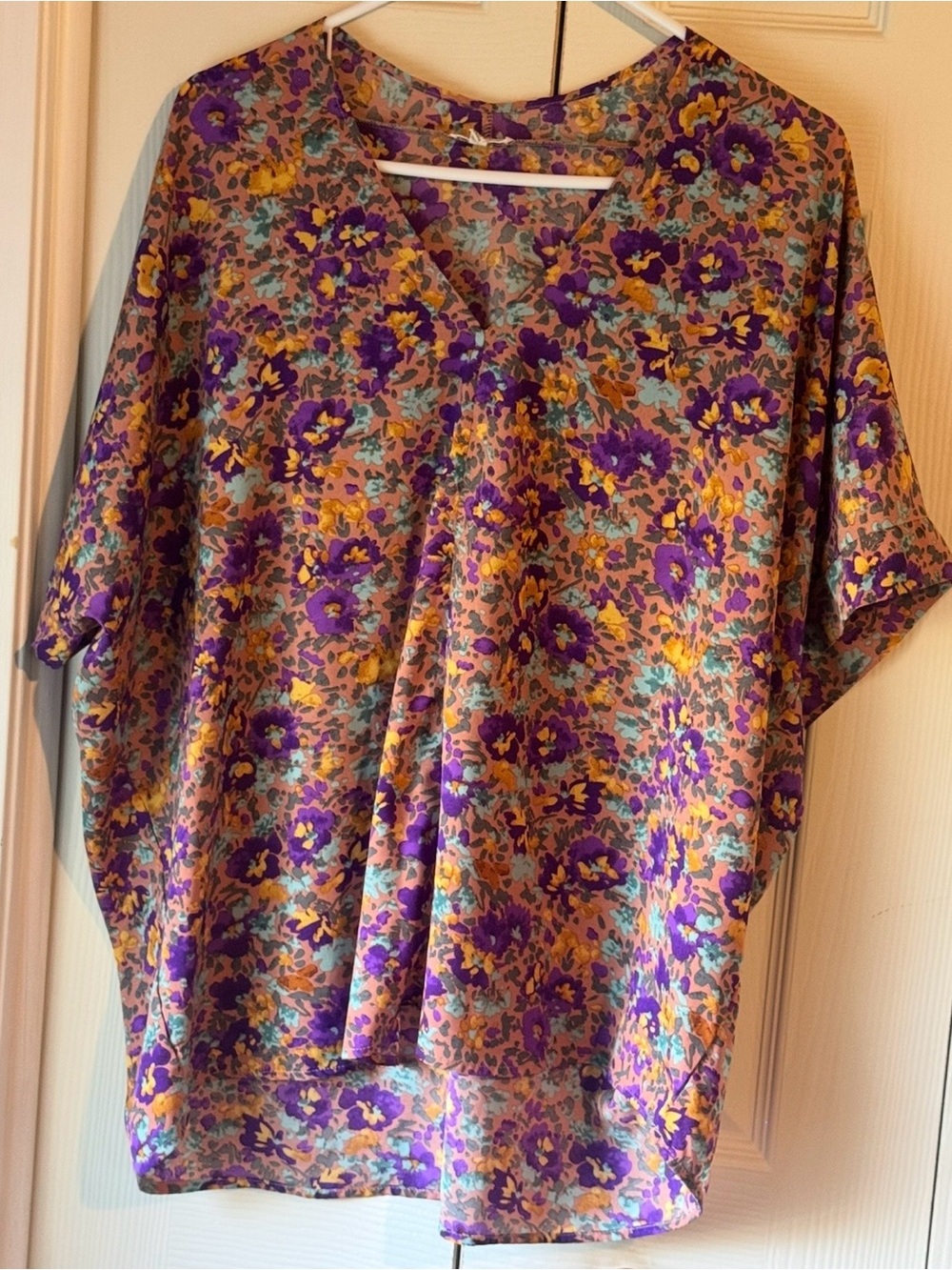 JODIFL Purple & Mustard Floral V-Neck Dolman Blouse